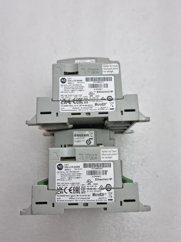 LOT OF 2PCS ALLEN BRADLEY 2080-LC20-20QBB Micro820 With 2080-SERIALISOL MODULE